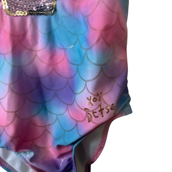 Betsey Johnson Pink, Blue, & Purple Mermaid Sequin Shell Cross Back 7/8 Swimsuit - Picture 3 of 8